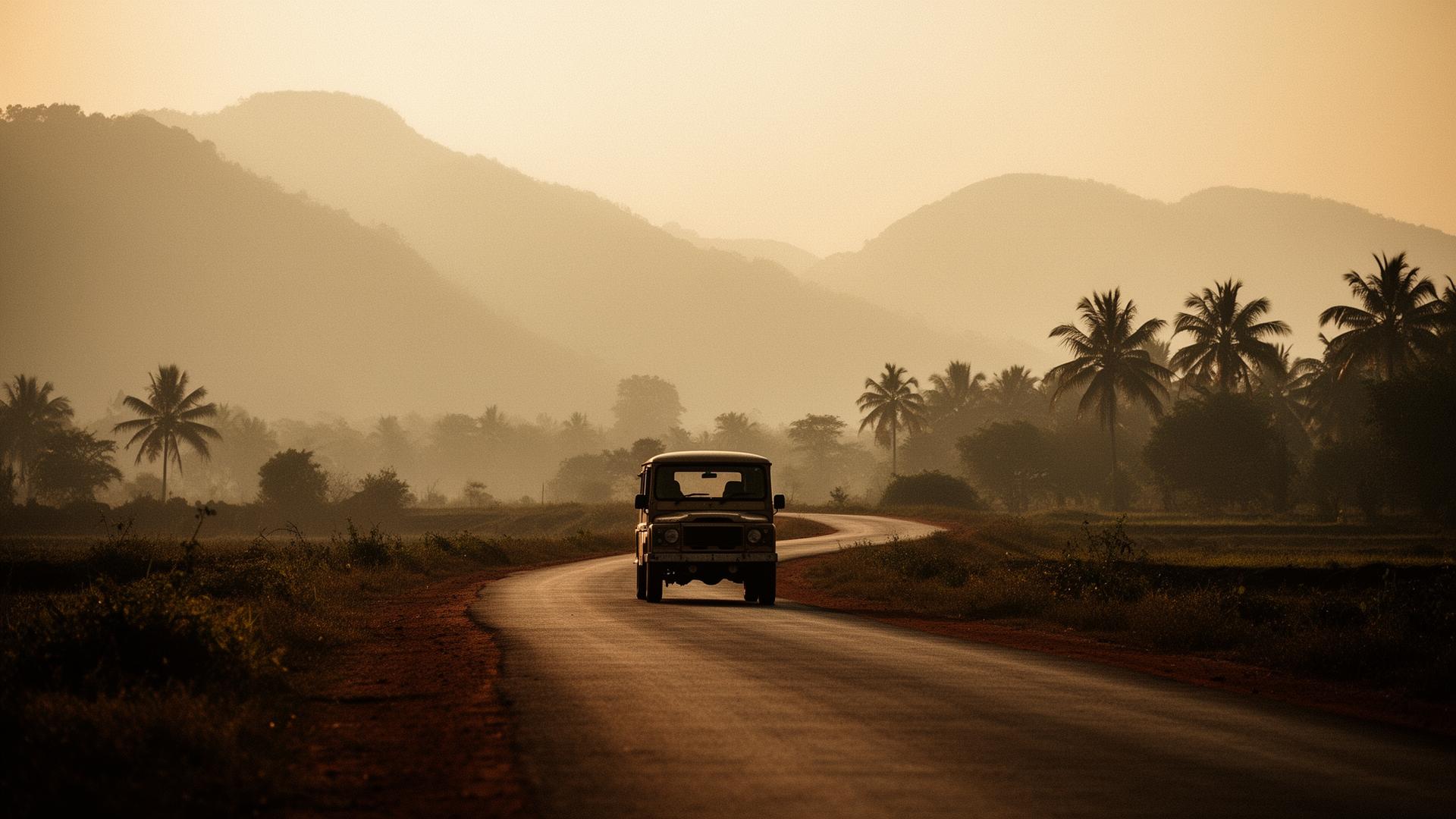 A vintage SUV winding through a golden Madurai countryside at dusk